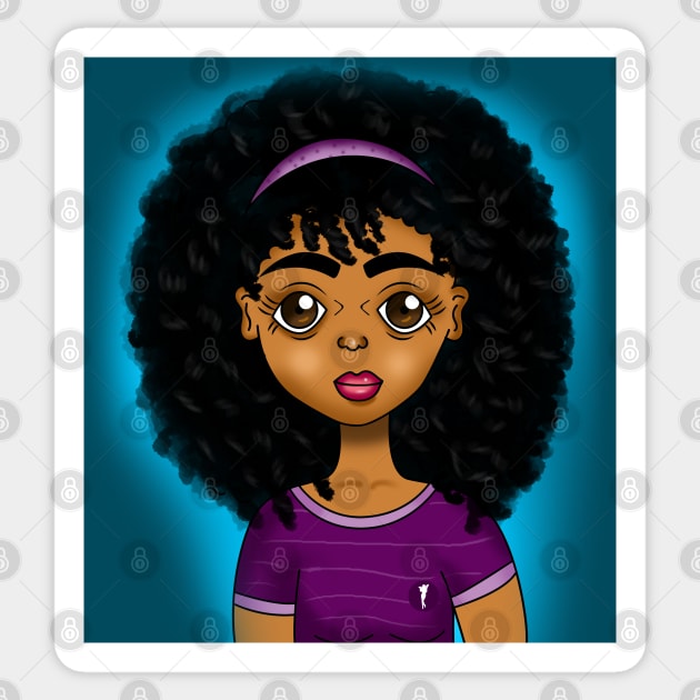 Cute brown skin girl with big curls on blue background Sticker by Spinkly Creations 